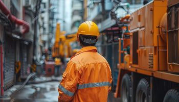 Worker in orange uniform and hard hat standing in front of truck Worker in orange uniform and hard hat standing in front of truck