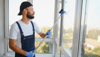 Cheerful male person cleaning window Cheerful male person cleaning window.